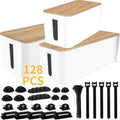 128PCS Cable Management Box 3Pack Cable Management Kit for Power Strip to Hide Wires,Cord Hider Boxes,Cord Box Safe ABS Material Wire Organizer of Cable Clips Sleeve for Home & Office, White by YUANYE