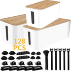 128PCS Cable Management Box 3Pack Cable Management Kit for Power Strip to Hide Wires,Cord Hider Boxes,Cord Box Safe ABS Material Wire Organizer of Cable Clips Sleeve for Home & Office, White by YUANYE