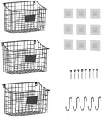 Wall Mounted Bin Basket with 5 Hooks 3 Label Plate Adhesive-3 Pack, Cabinet Hanging Metal Wire Basket,Rustic Farmhouse Decor, Storage Organization Shelf for Pantry Kitchen Bathroom 10.6*7.5*5.1inch by X-cosrack