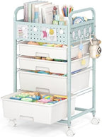 SYKIARIOL Drawer Rolling Storage Cart with Pegboard Top and Hooks, Green, 4-Drawers by SYKIARIOL