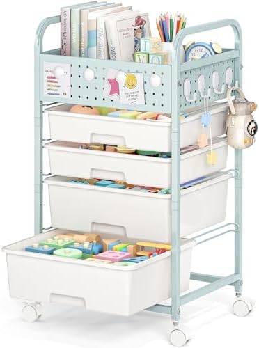 SYKIARIOL Drawer Rolling Storage Cart with Pegboard Top and Hooks, Green, 4-Drawers by SYKIARIOL