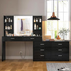 FIONESO Vanity Desk with LED Light Mirror & Power Outlet, 8 Drawers, 6 Storage Shelves, 3 Color Modes & Adjustable Brightness Makeup Vanity, Corner Vanity, L Shape Vanity, 39.4”-64.9" Desk, Black by FIONESO