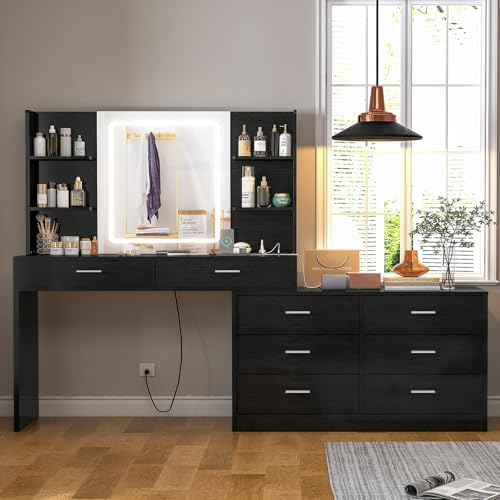 FIONESO Vanity Desk with LED Light Mirror & Power Outlet, 8 Drawers, 6 Storage Shelves, 3 Color Modes & Adjustable Brightness Makeup Vanity, Corner Vanity, L Shape Vanity, 39.4”-64.9" Desk, Black by FIONESO