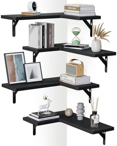 Amada Corner Floating Shelves, Paulownia Wood, Set of 4, Black by AMADAHOMEFURNISHING