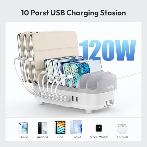 10 Ports Charging Station for Multiple Devices, 120W iPad Charging Station Organizer, USB Charging Docking with Cooling Fan, for iPhone, for iPad, Tablet, Kindle, ETL Listed (White) - Image 2