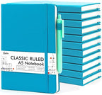 feela 12 Pack Notebooks Journals Bulk, Hardcover Notebook Classic Ruled Journal Set with Pen Holder for School Business Work Travel Writing, with 12 Black Pens, 120 GSM, 5.1”x8.3”, A5, Teal by feela
