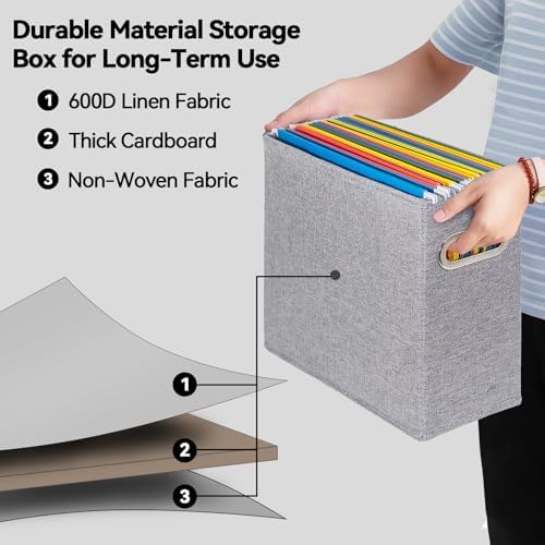 4 Pack Letter Size File Storage Box Collapsible, Fabric Hanging File Folders Organizer, Portable Office Document Holder with Metal Handle, Smooth PVC Rails, Gray - Image 3