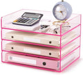 Harloon 4 Tier Clear Hot Pink Acrylic Paper Organizer Letter Tray, Aesthetic Stackable Low Profile Desk File Organizer Modern Heavy Duty Paper Holder Tray for A4, Office Home File Pad Books Notes by Muasung