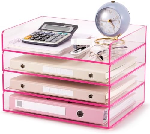 Harloon 4 Tier Clear Hot Pink Acrylic Paper Organizer Letter Tray, Aesthetic Stackable Low Profile Desk File Organizer Modern Heavy Duty Paper Holder Tray for A4, Office Home File Pad Books Notes by Muasung