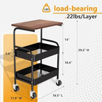 Rolling Cart with Wooden Tabletop, 3 Tier Metal Utility Cart, Rolling Storage Organizer Cart with Lockable Wheels for Kitchen, Office, Bedroom (Black) - Image 6
