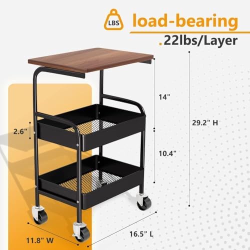 Rolling Cart with Wooden Tabletop, 3 Tier Metal Utility Cart, Rolling Storage Organizer Cart with Lockable Wheels for Kitchen, Office, Bedroom (Black) - Image 6