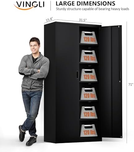 VINGLI Metal Garage Storage Cabinet with 2 Doors and 5 Adjustable Shelves, 71" Tall Steel Lockable File Cabinet, Locking Tool Cabinets for Home Office Garage Gym School (Black) - Image 3