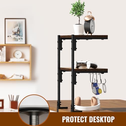Clamp-on Desk Shelf, 13 inch Above or Below Desk 2-Tier Shelving, Adjustable Metal Storage Tray for Gaming Devices or Office Desk Accessories and More, Brown, Patent Pending - Image 6