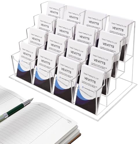 Clear Vertical Business Card Holder for Desk, Office Acrylic Business Card Display Holder Desktop Organizer Storage Cards Holders, Clear 4 Tiers 16 Pockets by Vevitts