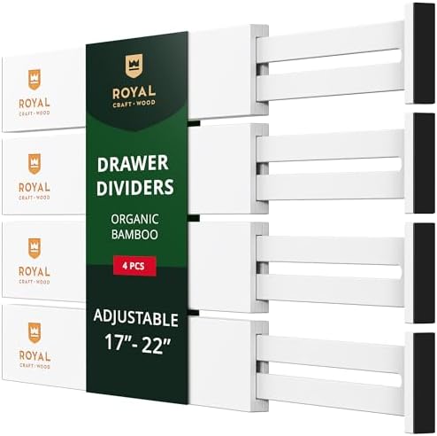 Bamboo Drawer Dividers Organizers, Adjustable Drawer Separator Splitters, 17–22 Inches Expandable Drawer Divider Organizer for Large Utensils, Kitchen, Bedroom, Dresser & Office Drawers 4-Pack, White by ROYALCRAFTWOOD
