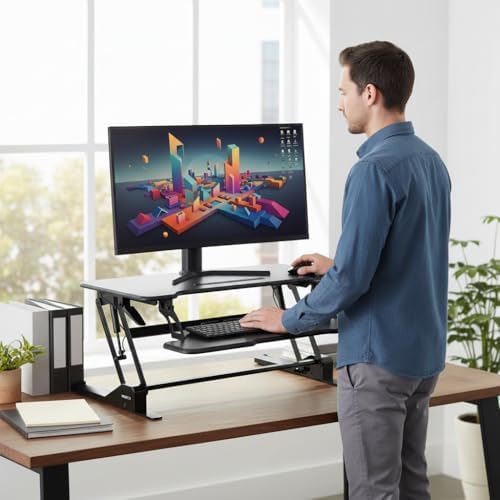 Mount-It! 38 Inch Standing Desk Converter - Gas Spring Sit Stand Desk Riser for Dual Monitors - Height Adjustable Desktop Workstation with Keyboard Tray - Black - Image 2
