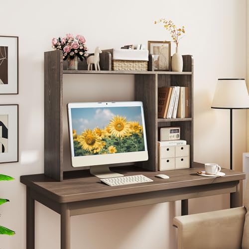 LDAILY Desktop Shelf, Multipurpose Wood Desk Hutch for Max 27" Computer Monitor, Countertop Storage Hutch with 5 Shelves, 3 Tier Desktop Display Rack for Dorm Office Home (Grey Oak) - Image 2