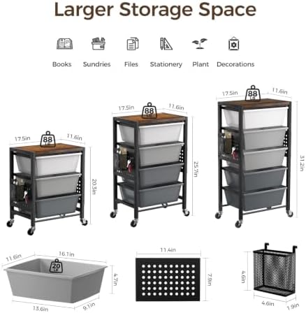 Rolling Cart with 3 Drawers, Plastic Drawer Storage Carts with Lockable Wheels & Wooden Tabletop, Metal Utility Cart Organizer, Office Bedroom Classroom Craft Organization and Storage, Dark Grey - Image 3