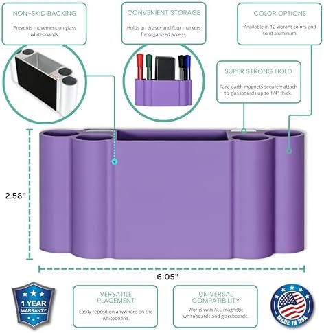 Glassboard Studio Magnetic Dry Erase Marker Holder - Super Strong for Magnetic Glass Whiteboard or Fridge - 2 Large Neodymium Magnets - No Slip Grip - Eco-Friendly PLA Plastic (Periwinkle Purple) - Image 2