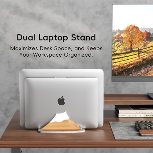 AFOOYO Vertical Dual Laptop Stand - Snow Peak-Shaped Wooden Adjustable Laptop Holder,2 Slots Desktop Dock Compatible with All MacBook, Surface,Chromebook,Dell & More(Beechwood) - Image 5