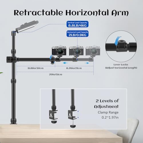 Ailight Camera Desk Mount Stand Overhead, Adjustable Microphone Boom Arm Mic Stand with Phone Holder, Camera Arm Clamp 5/8'' 3/8'' 1/4'' Screws for Shure, Blue Yeti, Rode, Elgato, Fifine, HyperX - Image 4