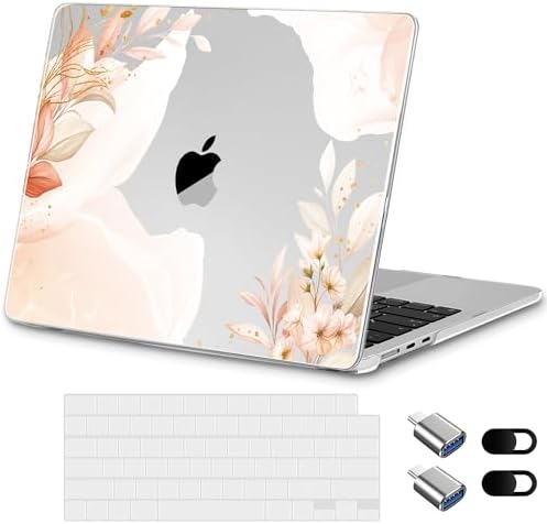 for New MacBook Air 13 inch Case 2026 M5 2025 M4 2024 M3 Chip– Aesthetic Lightweight Floral Design Clear Hard Shell 6-in-1 Bundle with TPU Keyboard Cover & 2X OTG Adapters, Abstract Flowers by Loyrina
