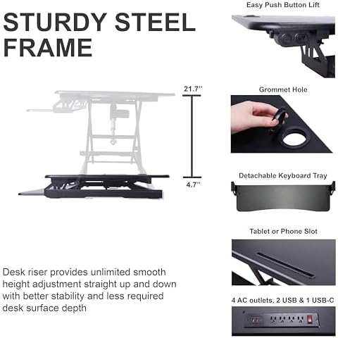 Rocelco 46" Electric Standing Desk Converter with AC Outlet USB Charger and Anti-Fatigue Floor Mat - Motorized Adjustable Sit Stand Riser - Tabletop Workstation Keyboard Tray - Black (R EDRB-46-MAFM) - Image 2