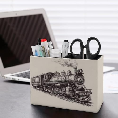 Pens Holder, Pencils Holder for Desk Organizer, Cartoon Train PU Leather Pencil Cups Desktop Stationery Storage Makeup Brush Holder Pens Organizer for Office Home - Image 5