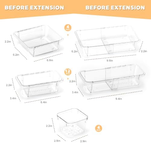 20PCS Clear Drawer Organizer Set, Expandable Acrylic Vanity Storage Bins, 2 Sizes Adjustable Plastic Junk Drawer Dividers, BPA-Free Non-Slip Stackable Organizers for Makeup, Bedroom, Office & Tools - Image 4
