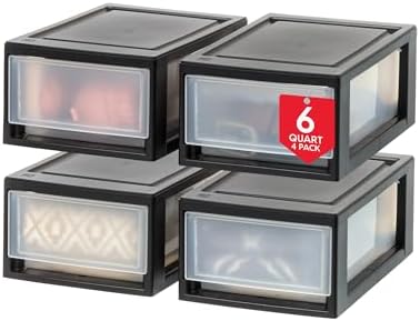 IRIS USA 4-Pack, 6 Qt. Small Stacking Drawer Storage Organizer, Black by IRISUSA