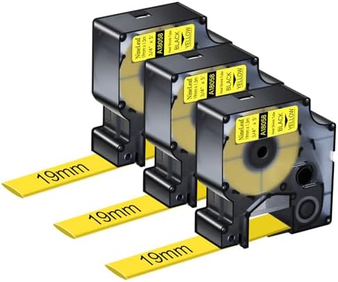 NineLeaf 3 Pack Compatible Labels Tape Replacement for Dymo 18058 3/4 inch Black on Yellow Heat Shrink Tube Labels 19mm x 1.5m for Wires and Cables Use in Rhino 4200 5200 5000 6000 3M Label Maker by NineLeaf