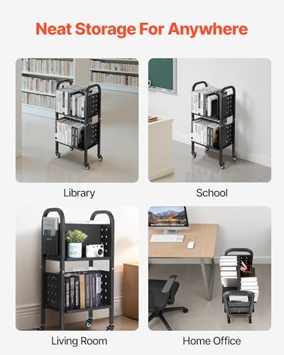 VEVOR Rolling Library Book Cart, 150 lbs Capacity, 17.7 x 13.0 x 34.6-Inch Library Cart, Double Sided L-Shaped Shelves with 2-Inch Lockable Wheels, Book Truck for Home Shelves Office and School, Black - Image 6