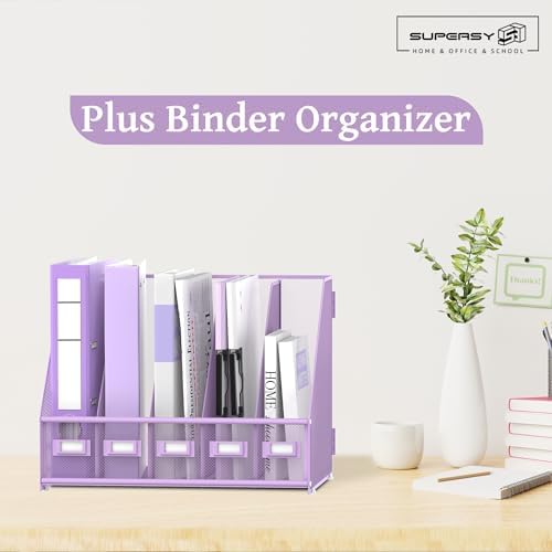SUPEASY Desk Organizers Metal Desk Magazine File Holder with 5 Vertical Compartments Rack File Organizer for Office Desktop, Classroom, Home Workspace, Purple Plus - Image 2