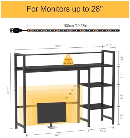 Snughome Desk Shelf with LED Strip, 38.6" Desktop Organizer Shelf, Desk Hutch for Computer Monitor, 4 Tier Desk Display Rack, Wood Desktop Bookshelf Storage Rack for Home Office Dorm - Image 3