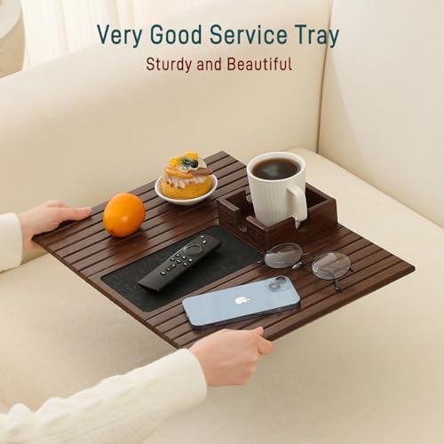 Bamboo Couch Cup Holder Arm Tray Table with Anti-Slip Cork Pad，Couch Drink Holder，Sofa Cup Holder Armrest Tray，Foldable Arm Chair Table Recliners for Drink, Cups, Eats，Snacks, Phone, Remote (Brown) - Image 5