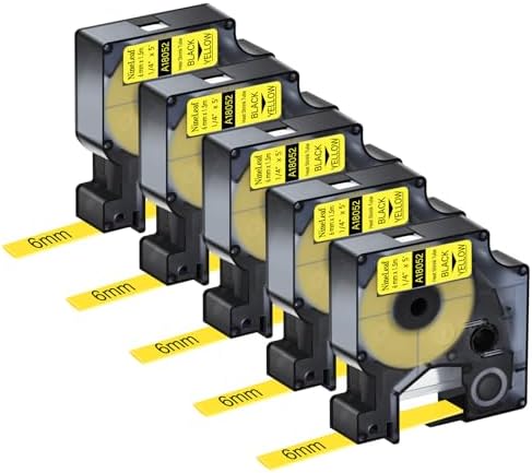 NineLeaf 5 Pack Compatible Labels Tape Replacement for Dymo 18052 1/4 inch Black on Yellow Heat Shrink Tube Labels 6mm x 1.5m for Wires and Cables Use in Rhino 4200 5200 5000 6000 3M Label Maker by NineLeaf