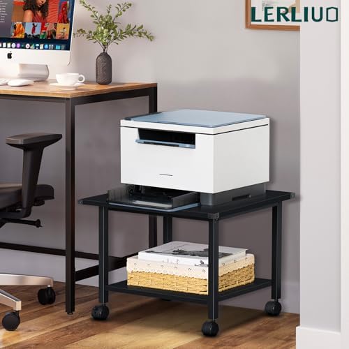 Lerliuo Under Desk Printer Stand, 2-Tier Industrial Mobile Printer Table with Storage Shelf and Steel Frame, Rolling Printer Cart Holder with Lockable Wheels for Home, Office (Black) - Image 5