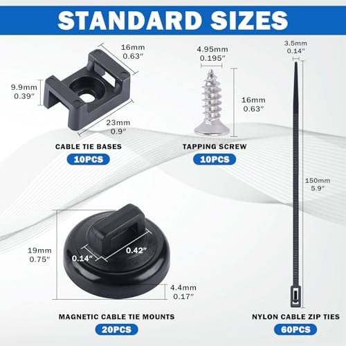 20 PCS Magnetic Zip Tie Mounts Base Neodymium Magnets & 60 Pcs Releasable Cable Zip Ties & 20 Pcs Zip Tie Saddle Type Mounts, Magnetic Cable Zip Tie Holders Base for Cable Wire(100 Pcs) - Image 2