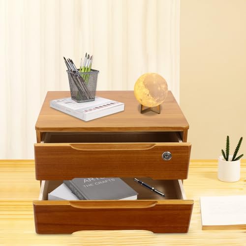 Wood Desk Organizer with 2 Drawers, Lockable Desktop Countertop Storage Cabinet for Home Office Supplies File Tabletop Organizing Unit (Brown) - Image 4