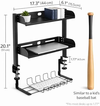 Clamp On Desk Shelves Organizer, Adjustable 2-Tier Desk Storage Rack with Large Trays, Phone Stand & Headphone Hook, No-Drill Setup for Office & Gaming Desks - Image 2