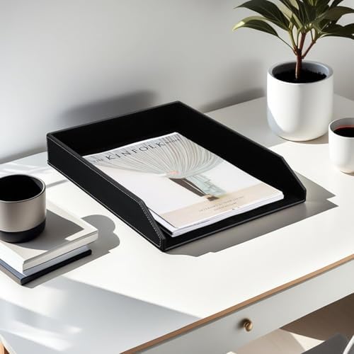 KINGFOM Letter Tray, PU Leather Paper Organizer Tray for Desk, Paper Organizer Storage Holder for Office Home or School A4 Size Black - Image 3