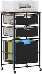 EasyPAG Rolling Storage Cart with 3 Drawers, Under Desk File Cabinet on Lockable Wheels, Movable Letter Size Hanging File Folder Organizer with Wooden Printer Stand for Home Office, Black by EasyPAG