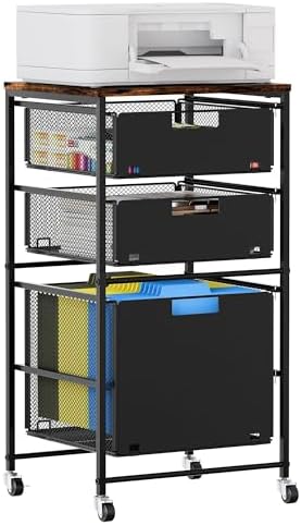 EasyPAG Rolling Storage Cart with 3 Drawers, Under Desk File Cabinet on Lockable Wheels, Movable Letter Size Hanging File Folder Organizer with Wooden Printer Stand for Home Office, Black by EasyPAG