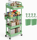 4 Tier Rolling Utility Cart with Drawer, Plastic Storage Organizer Rolling Carts with Wheels Handles Hanging Cups Hooks for Office, Bathroom, Kitchen,Craft Art Room (Green) by LLMRR