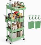 4 Tier Rolling Utility Cart with Drawer, Plastic Storage Organizer Rolling Carts with Wheels Handles Hanging Cups Hooks for Office, Bathroom, Kitchen,Craft Art Room (Green) by LLMRR