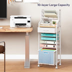 SWTYMIKI 10-Tier Rolling File Cart - Mesh Paper Organizer with Drawer and Hanging File Folders on Lockable Wheels, Rolling File Cabinet for Office Organization, Storage in Home, Studio, School, White - Image 5