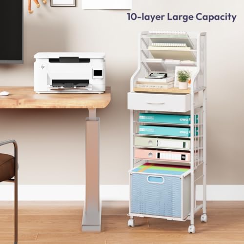 SWTYMIKI 10-Tier Rolling File Cart - Mesh Paper Organizer with Drawer and Hanging File Folders on Lockable Wheels, Rolling File Cabinet for Office Organization, Storage in Home, Studio, School, White - Image 5