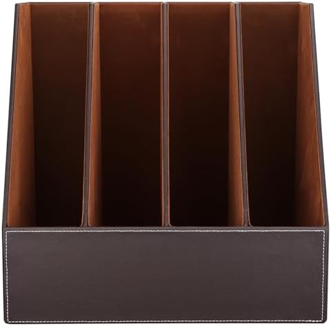 KINGFOM 4-Slot Wood Leather Document Files Holder Rack Stand Desk Files Organizer Papers Collection Cabinet (4 slot brown) - Image 4