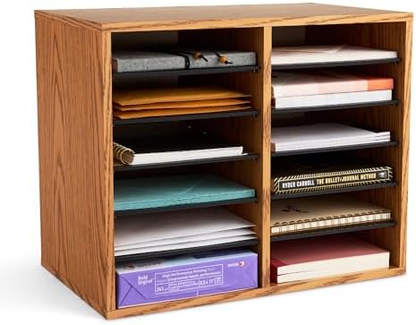 Safco 9420MO Adjustable Literature & Paper Organizer, 12 Compartment Mailbox Cubby, Great for Home, Office, Classroom Organization, Medium Oak Wood , Durable Construction, Removable Shelves by SafcoProducts