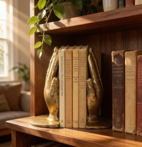 Hand Bookends Decorative, Heavy Duty Cast Iron Book Holder, Prayer Hand Book Ends for Shelves Living Room Home Decor Office, Antique Gold, 1 Pair/2Pieces - Image 7